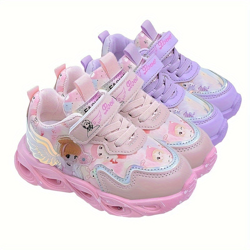 Girls' glow-in-the-dark princess sneakers with LED lights in purple and pink, featuring a magical cartoon design. Lightweight and comfortable for spring and fall. Perfect nighttime shoes