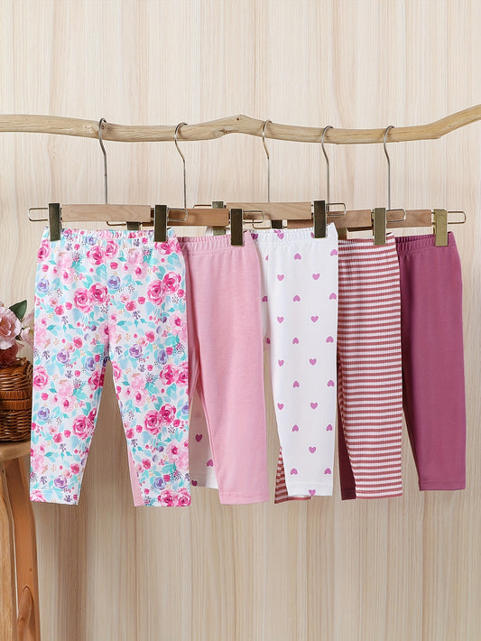 5-pack girls' cute floral, heart, and striped knit polyester pants, perfect for spring/fall casual outdoor wear. Great gift set.