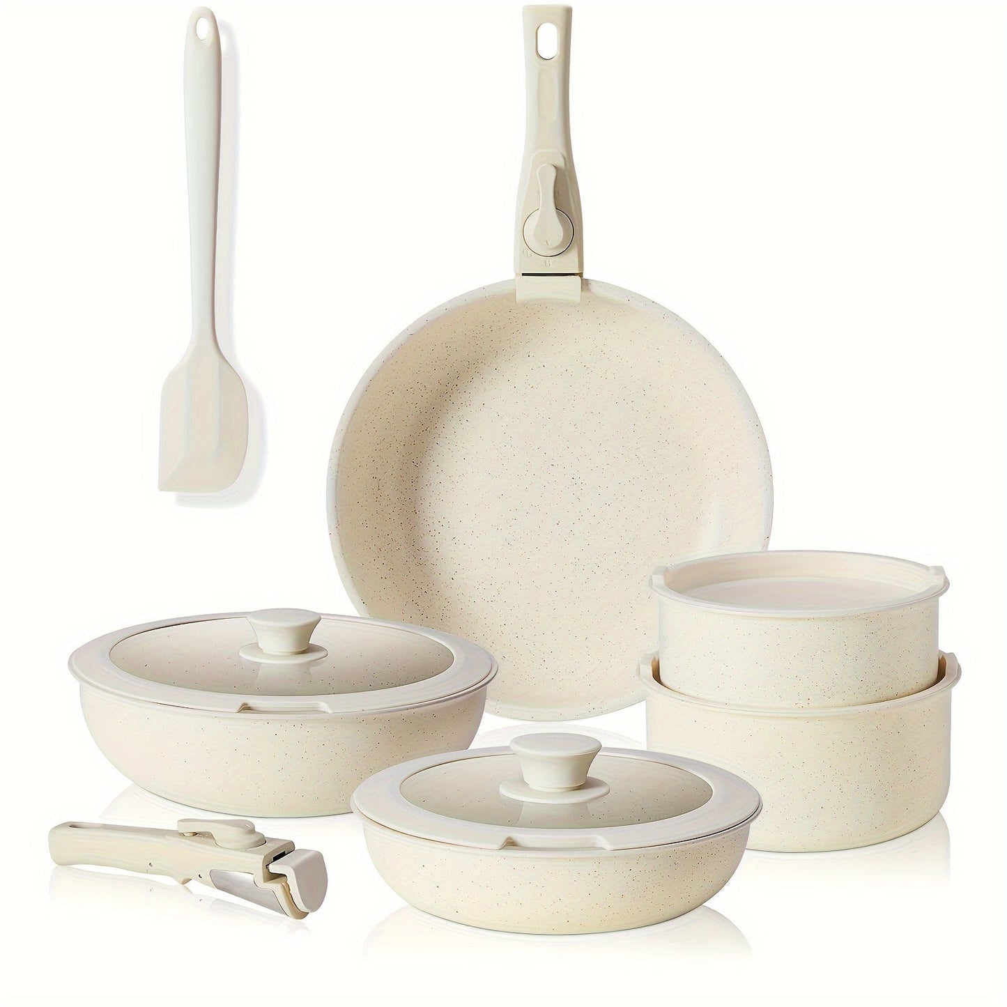 A set of 12 pieces of cookware with removable handles, made of non-stick aluminum. Dishwasher and oven safe, ideal for use on induction cooktops.