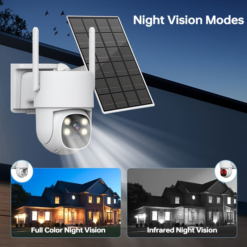 Introducing the ZHXINSD 4MP Solar-Powered Outdoor Security Camera, equipped with Wireless WiFi, 2.4G technology, Two-Way Audio, Color Night Vision, Motion Detection, Rechargeable Battery, USB Charging, and IP65 Waterproof rating. (SD/Cloud storage not