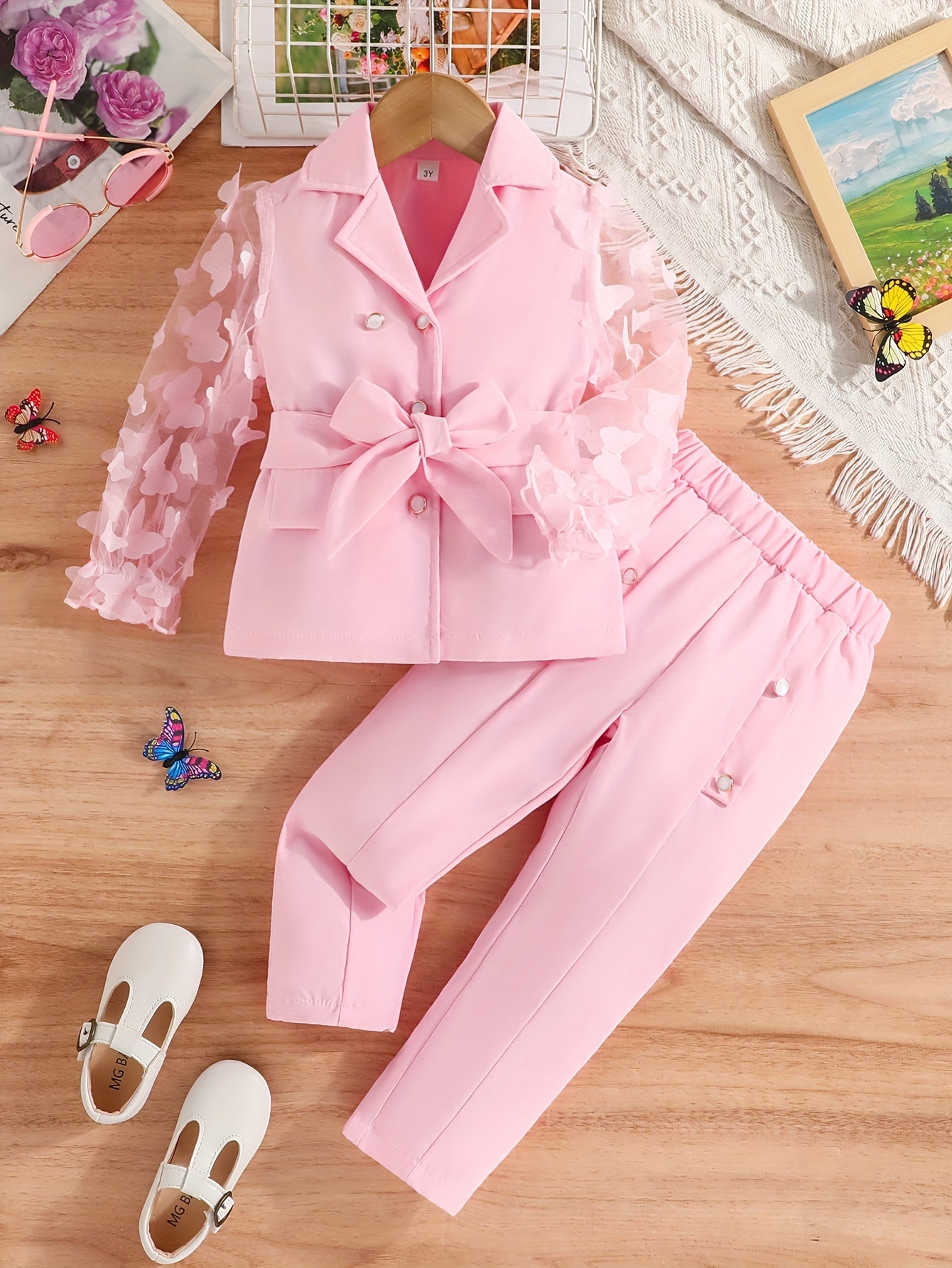 Girls' pink butterfly blazer and pants set with ruffled detail, perfect for all seasons and outdoor wear.