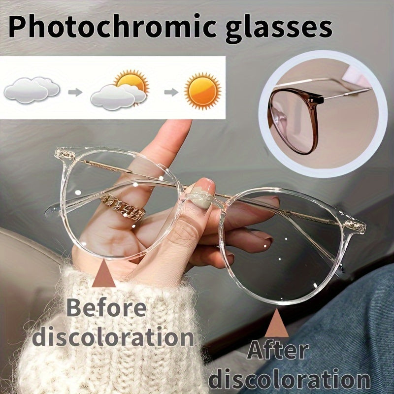 Vintage photochromic glasses with metal frame and anti-reflective lenses, ideal for driving, travel, and the beach.