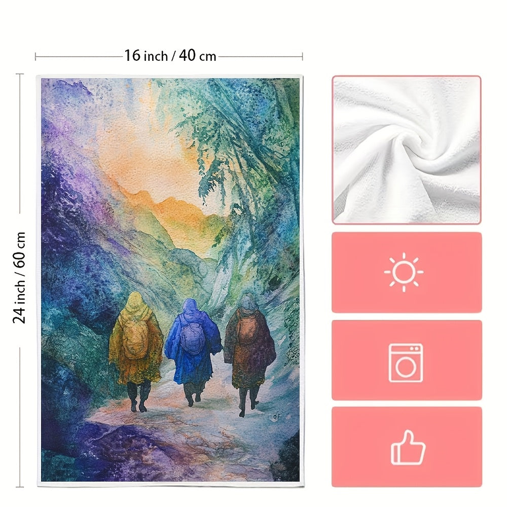 Two pieces of incredibly soft kitchen towels featuring Scripture texts from The Pilgrim's Journey. These towels are highly absorbent, machine washable, and have a vibrant watercolor design. Each towel measures 40.64x60.96 cm.