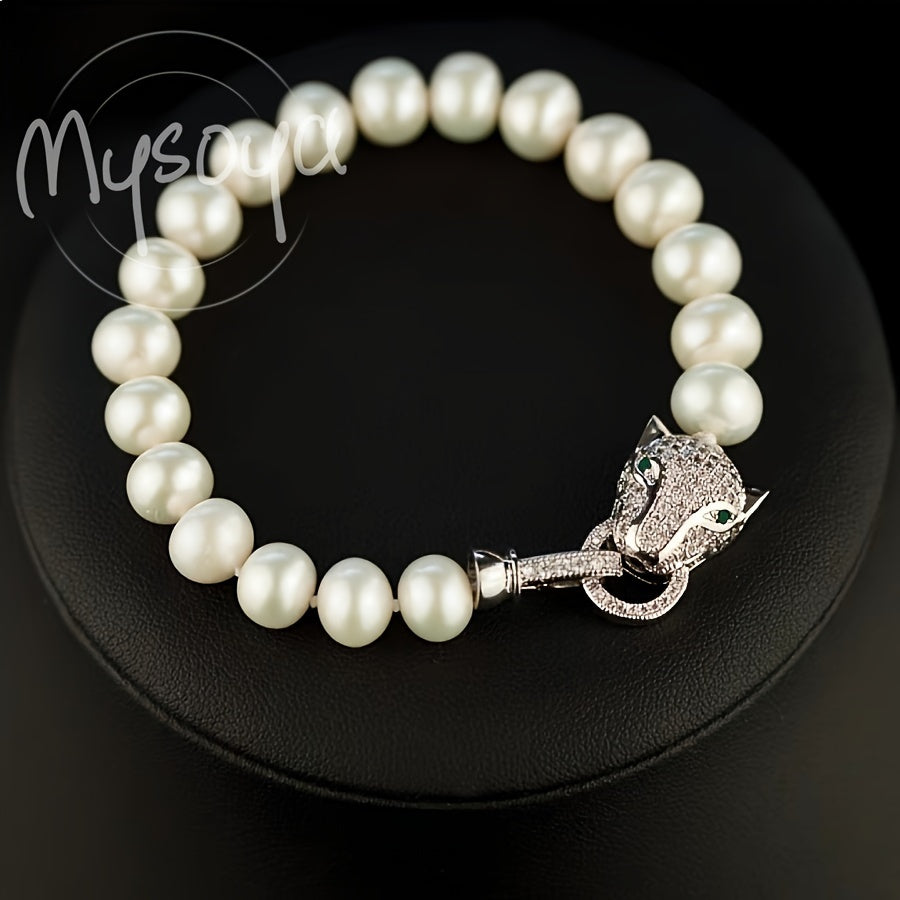 MYSOYA presents an exquisite luxury set of freshwater pearl jewelry featuring a stylish leopard head clasp. Handcrafted with genuine 8-9mm pearls, this unisex necklace and bracelet set is the perfect natural June birthstone accessory. Give the gift of