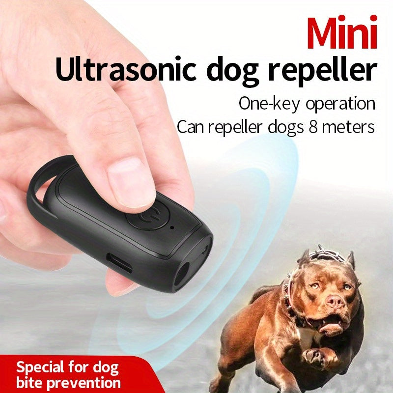 Mini Ultrasonic Dog Repeller with LED light and battery to scare dogs and stop barking.