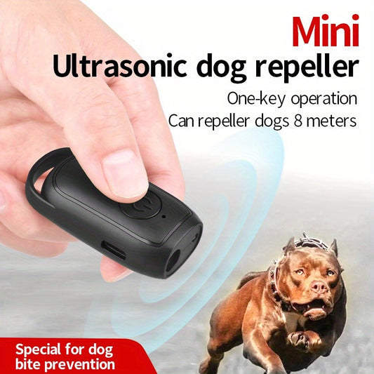 Mini Ultrasonic Dog Repeller with LED light and battery to scare dogs and stop barking.