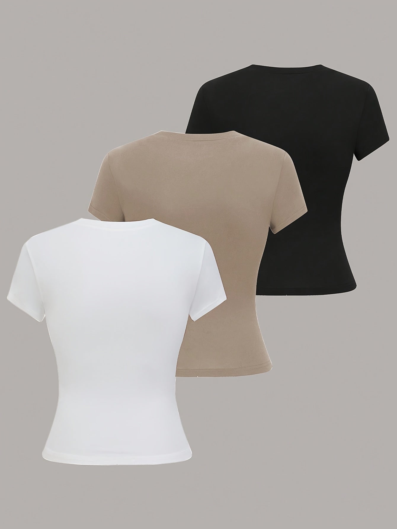 Women's 3-Pack Solid Color Short Sleeve T-Shirts - Polyester/Spandex blend, crew neck, 180gsm - White/Black/Beige, perfect for spring/fall fashion