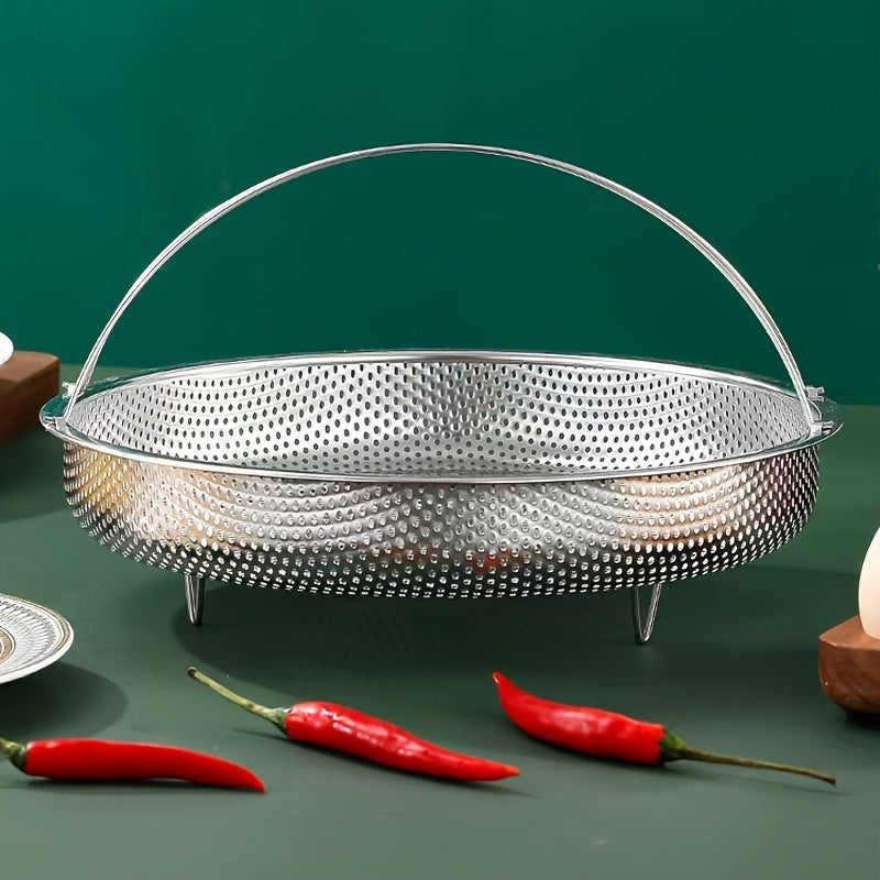 Stainless steel steamer basket for cooking rice and vegetables, versatile kitchen strainer rack, no electricity required, durable and multipurpose.