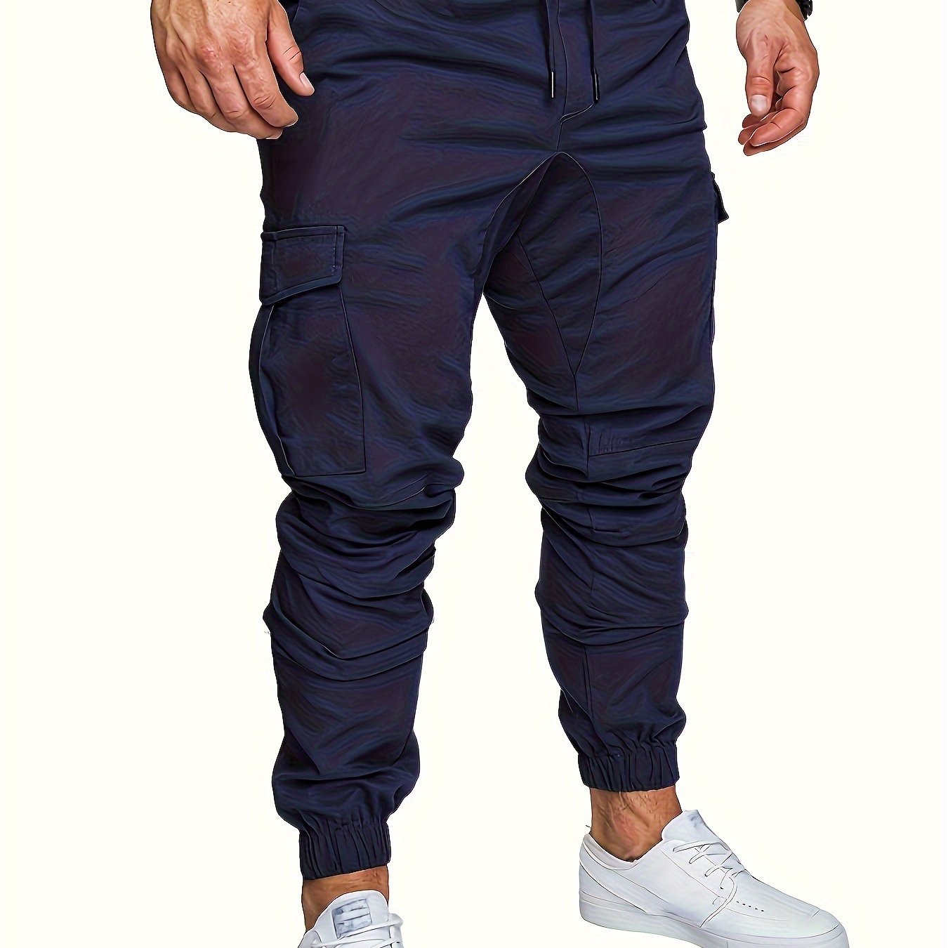 Men's casual cotton cargo pants with solid color, regular length, non-stretch fabric, drawstring waist, standard fit, and woven weave, suitable for all seasons.