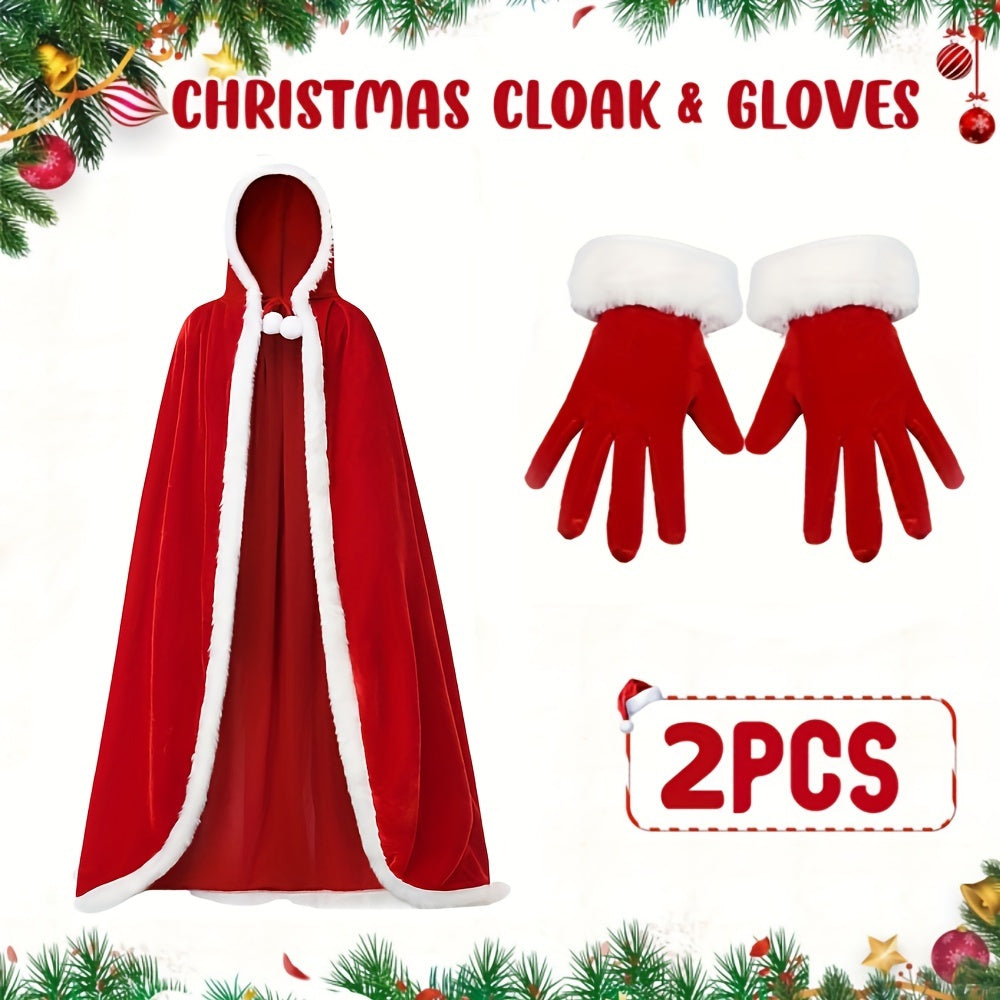 Get into the holiday spirit with our Christmas Santa Claus Costume Accessory Set! This set includes a comfortable velvet hooded cloak with white trim, a cute red velvet Santa hat, and cozy polyester & spandex gloves for ladies. Perfect for festive