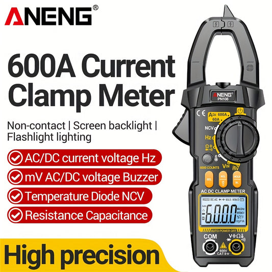 ANENG PN108 Clamp Meter with 6000 counts for measuring AC/DC voltage, 600A current, resistance, capacitance, and high precision testing.