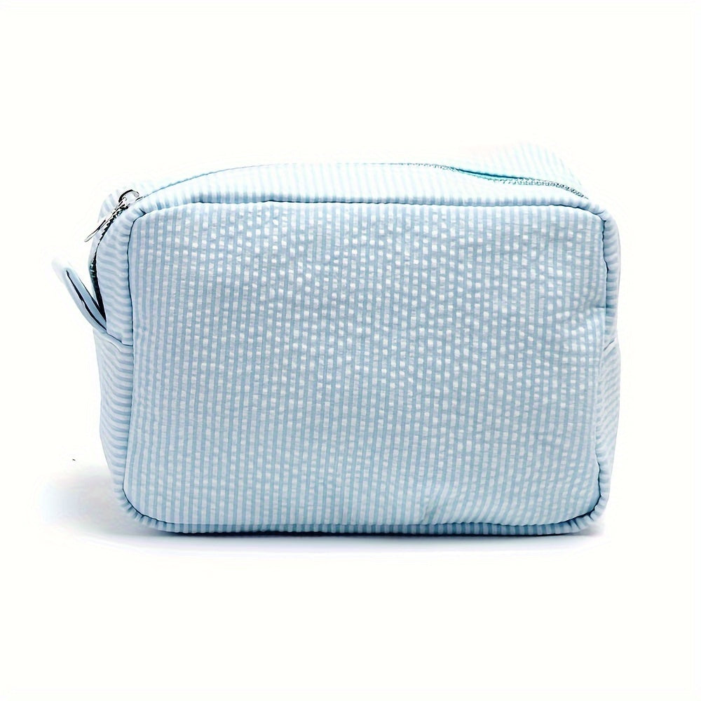 Custom embroidered striped makeup bag for girls and teenagers, perfect for travel or daily use.