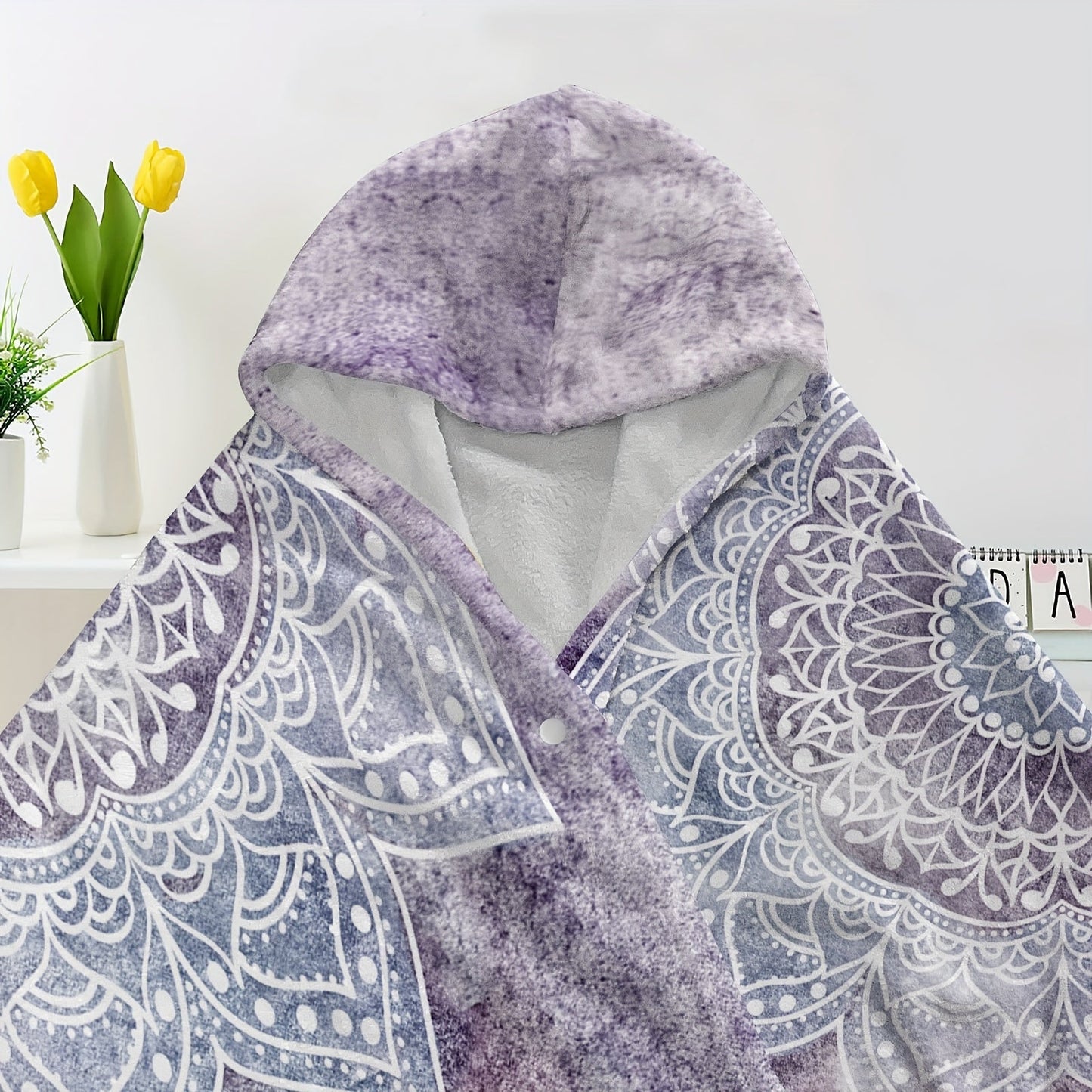 Stay cozy and warm with this Boho Mandala Patterns Hooded Blanket! This thick, wearable blanket doubles as a magic cape, perfect for snuggling up on the sofa, at the office, in bed, or while traveling.