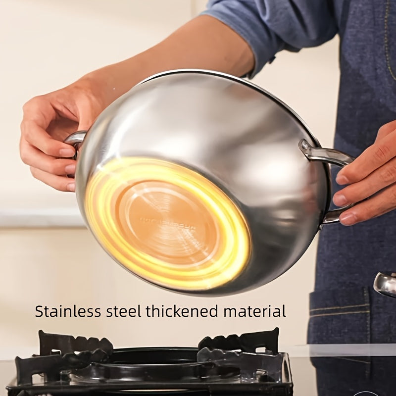 This set includes 8 pieces of stainless steel soup pots that are perfect for cooking. The set includes 3 pots, 3 pot covers, and 2 spoons. These pots are suitable for use on both induction cookers and gas stoves. They feature stainless steel double