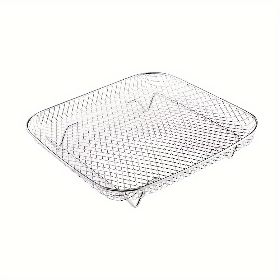 Set of stainless steel air fryer accessories includes a versatile stackable rack, dehydrator stand, BBQ basket, grilling rack, oil brush, and food tongs. Compatible with square air fryers, this kit comes in a 1/3 piece set.