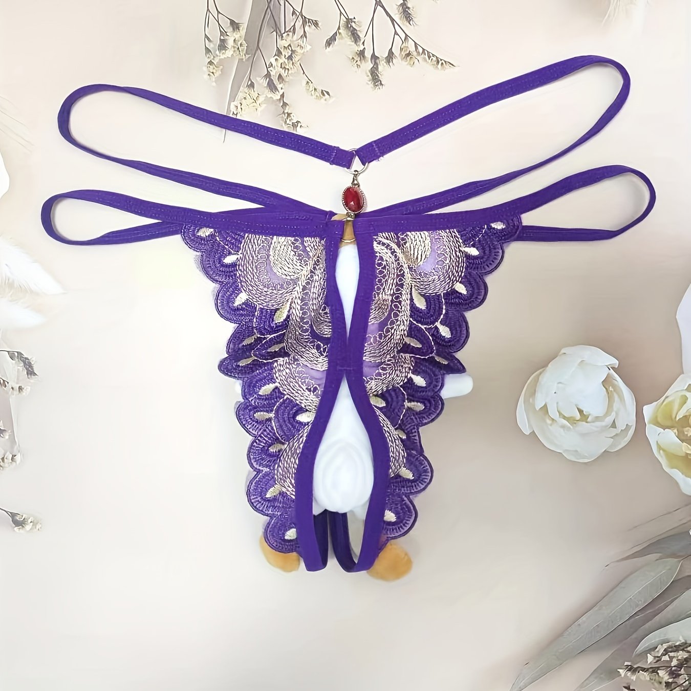 1pc Sexy Purple & Golden Butterfly Embroidery Thong - Elegant Low-Rise Lace Panties with Bow Detail, Breathable Polyester Blend, Hand Washable - Romantic Lingerie