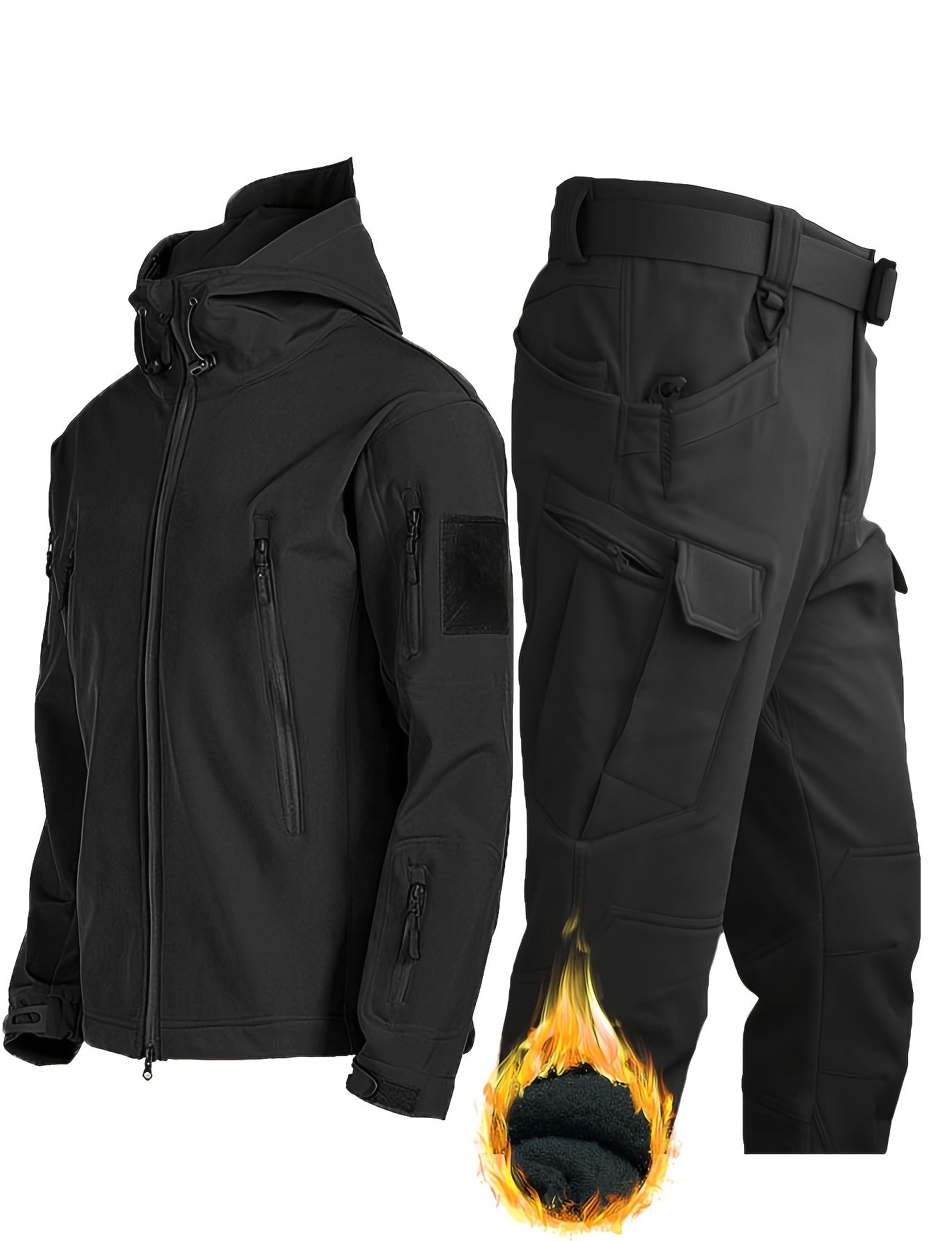 Men's Winter Outdoor 2pcs Set: Fleece Hooded Jacket & Pants with Multiple Pockets - Ideal for Hiking, Sports, or Father's Day.