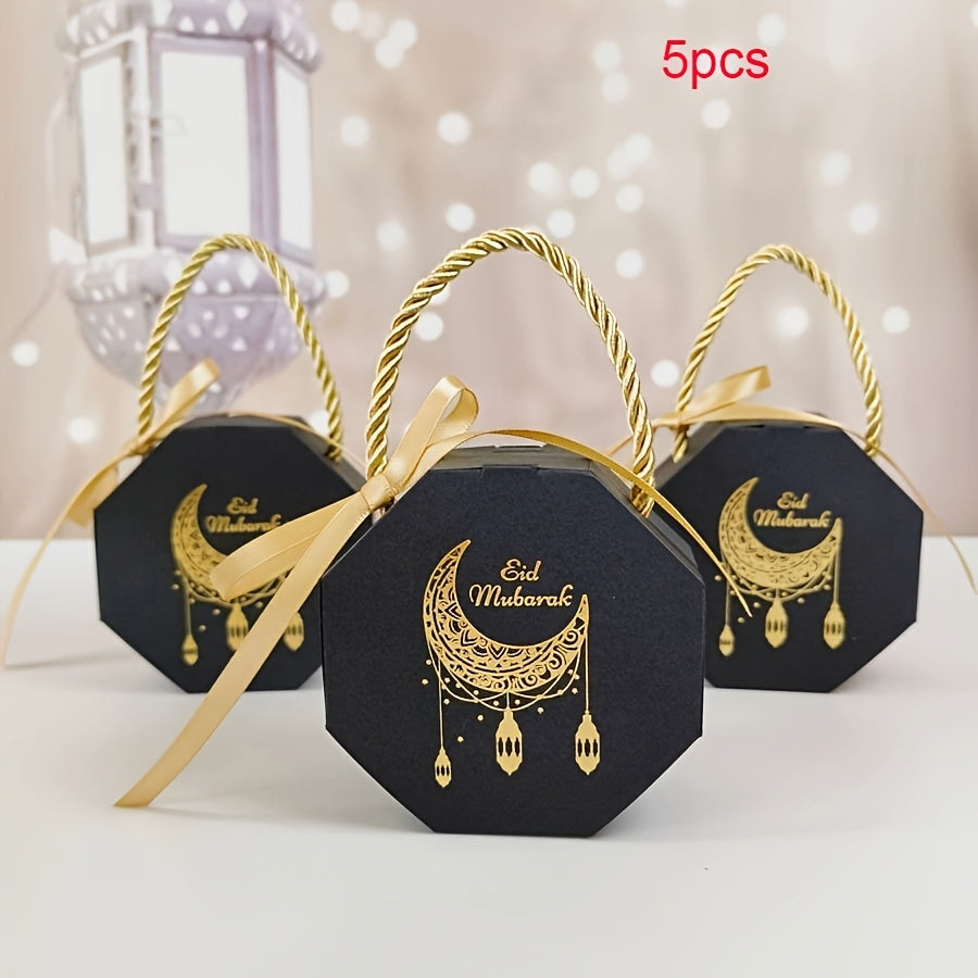 5 Eid Mubarak Candy Gift Boxes, Ramadan Kareem Paper Favor Boxes with Party Supplies for Muslim Holidays.