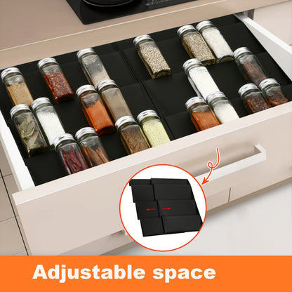 The TheaPro Adjustable Plastic Spice Drawer Organizer comes in a convenient 2-pack, with an expandable 4-tier design that fits neatly in kitchen cabinet drawers or countertops. This seasoning rack tray insert requires no assembly, making it easy to start