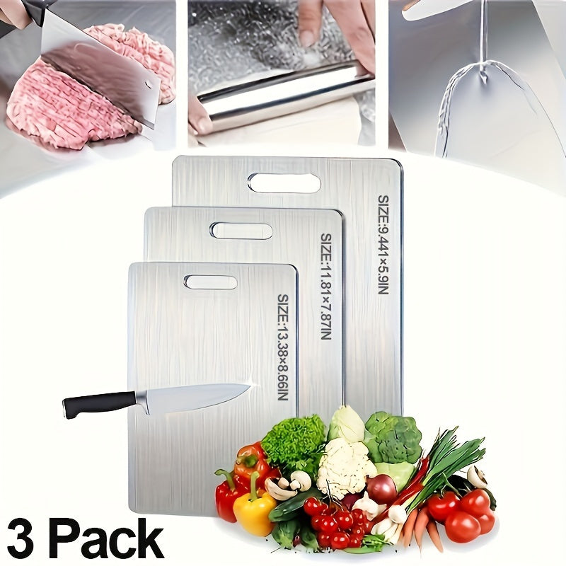 Set of 3 Stainless Steel Cutting Boards, Dishwasher Safe, Dual-Sided for Multiple Cooking Needs, Dimensions 24.99*14.99cm, 28.98*19.99cm, 33.99*22.99cm.