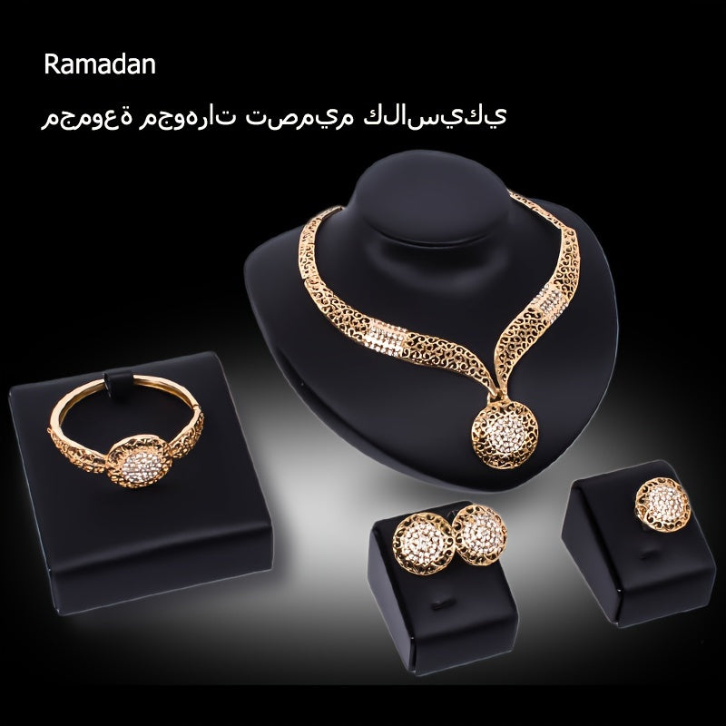 Golden Bangle, Necklace, Earrings, & Ring Set with Rhinestones inspired by Middle Eastern Bridal Jewelry, Perfect for Wedding & Mother's Day Gifts