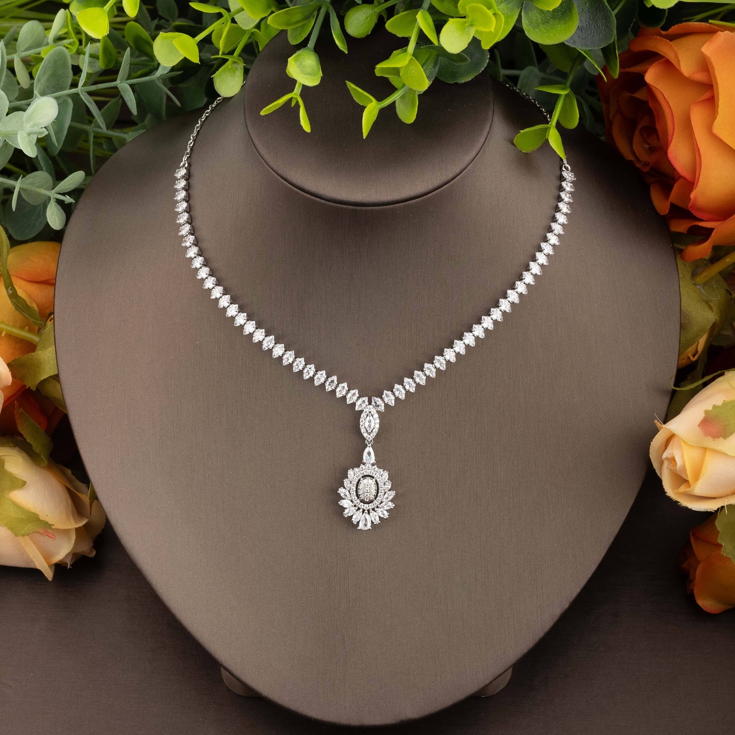 Exquisite Set of Inlaid Cubic Zirconia Pendant Necklace, Earrings, and Ring for Women, Perfect for Banquets