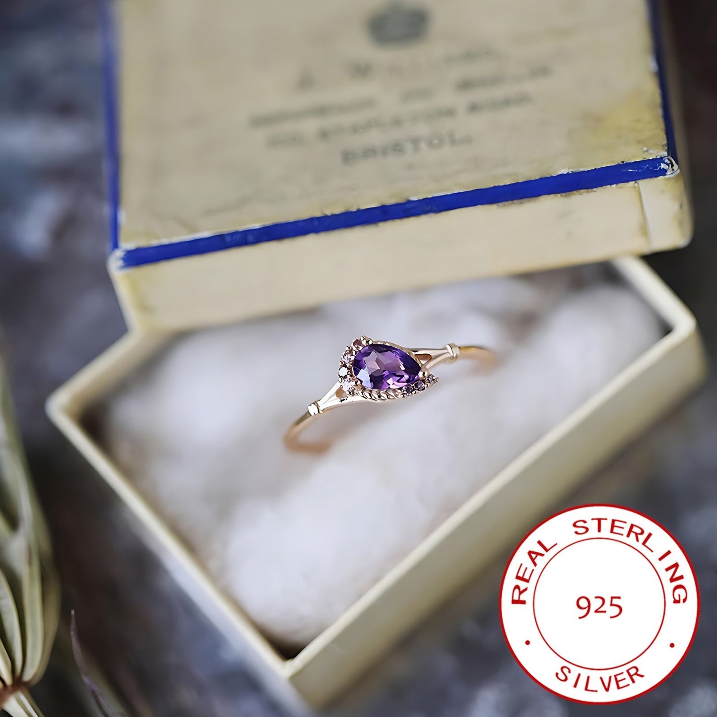 High-quality jewelry featuring a 925 sterling silver promise ring with 14k gold plating, inlaid with purple zirconia in a waterdrop shape. Perfect for engagements or weddings. Does not come with a box.