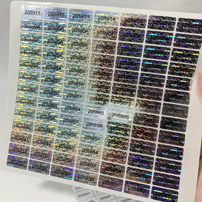 273/588 Tamper Evident Hologram Seals with Unique Serial Numbers, Genuine Labels, Adhesive PET, Rectangle, Gloss Finish, English Text, Single Use, 20x10mm