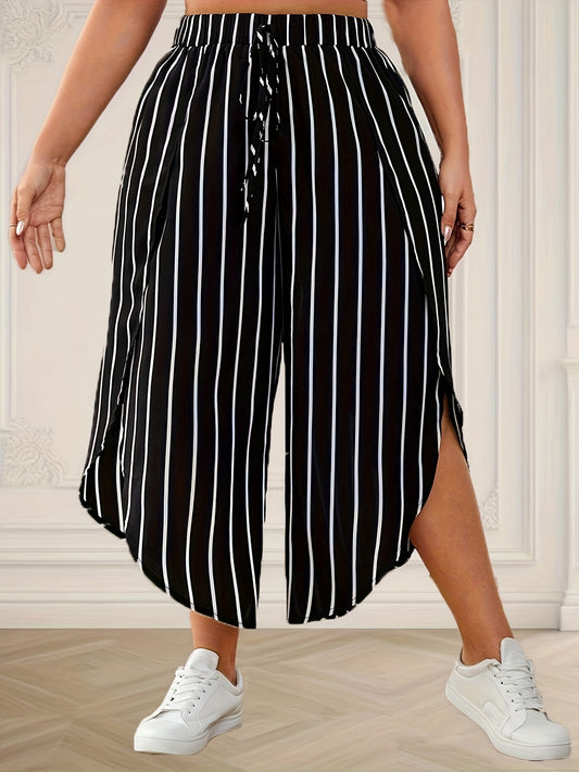 Plus Size Striped Loose Pants for Spring & Summer, Women's Casual Wide Leg High Waist Pants