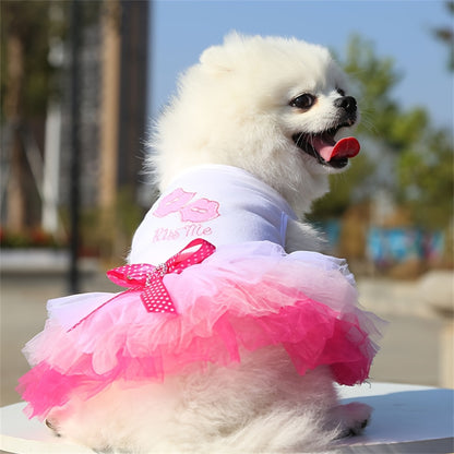 Pink and blue heart lips tulle dog dress, suitable for small to extra-small breeds in spring, summer, and fall.