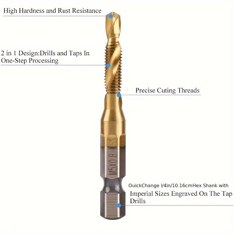 6 piece titanium drill and tap bit set with 1/4" hex shank for high-speed steel and metric threads M3-M10, suitable for screw tapping and countersinking. Combination bit and drill bits