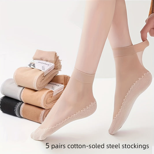 5 pairs of semi-sheer socks with non-slip bottoms for women.