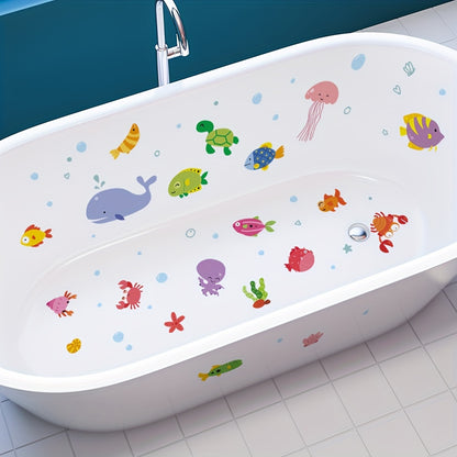 6 non-slip bathtub stickers with underwater animal patterns, frosted for bathroom safety.