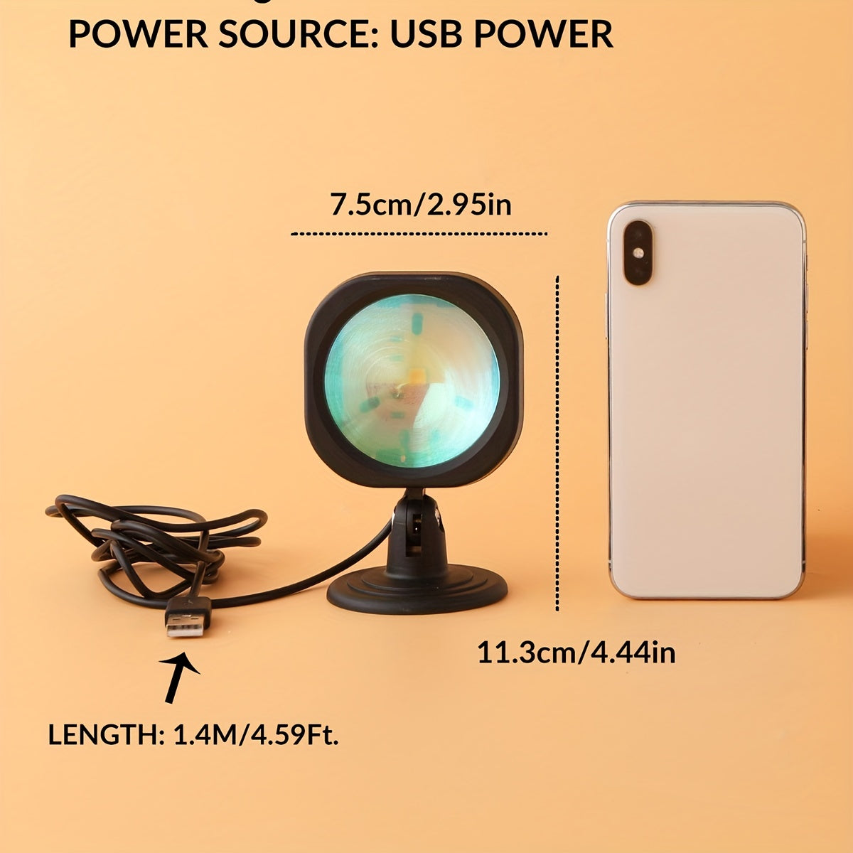 USB-powered LED sunset lamp projector creates warm orange ambiance for bedroom and living room decor. Suitable for photography. Energy-efficient tabletop design.