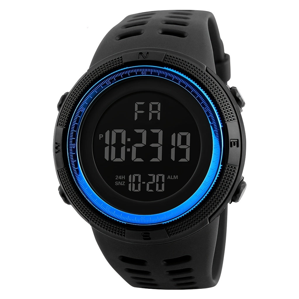 Unisex sports digital watch with large backlit display, silicone strap, date and week display, multi-function electronic movement, battery powered, plastic case - perfect birthday gift.