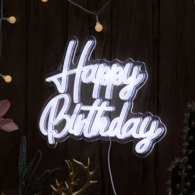 Neon "Happy Birthday" sign in vibrant blue, USB-powered, wall-mountable for festive room decor and celebrations.