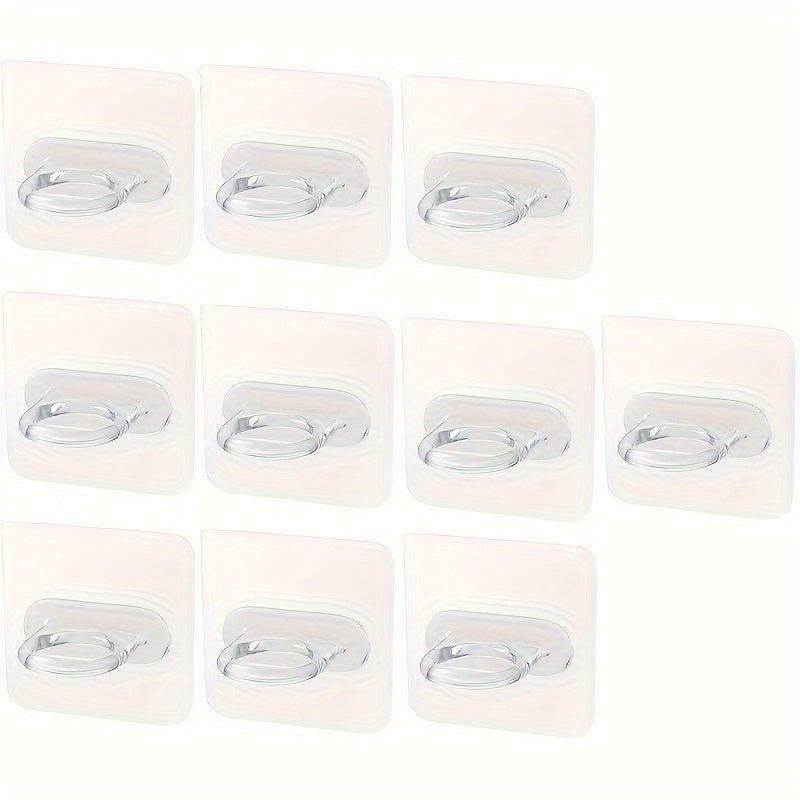 Set of 10 adhesive hooks for walls, ideal for bathroom and kitchen storage and organization.