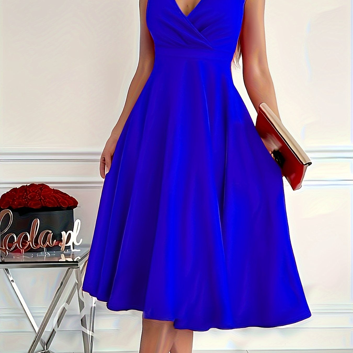 Stylish midi dress for women with V-neck, ruffle hem, and waist detail, ideal for parties and cocktails, can be machine washed.