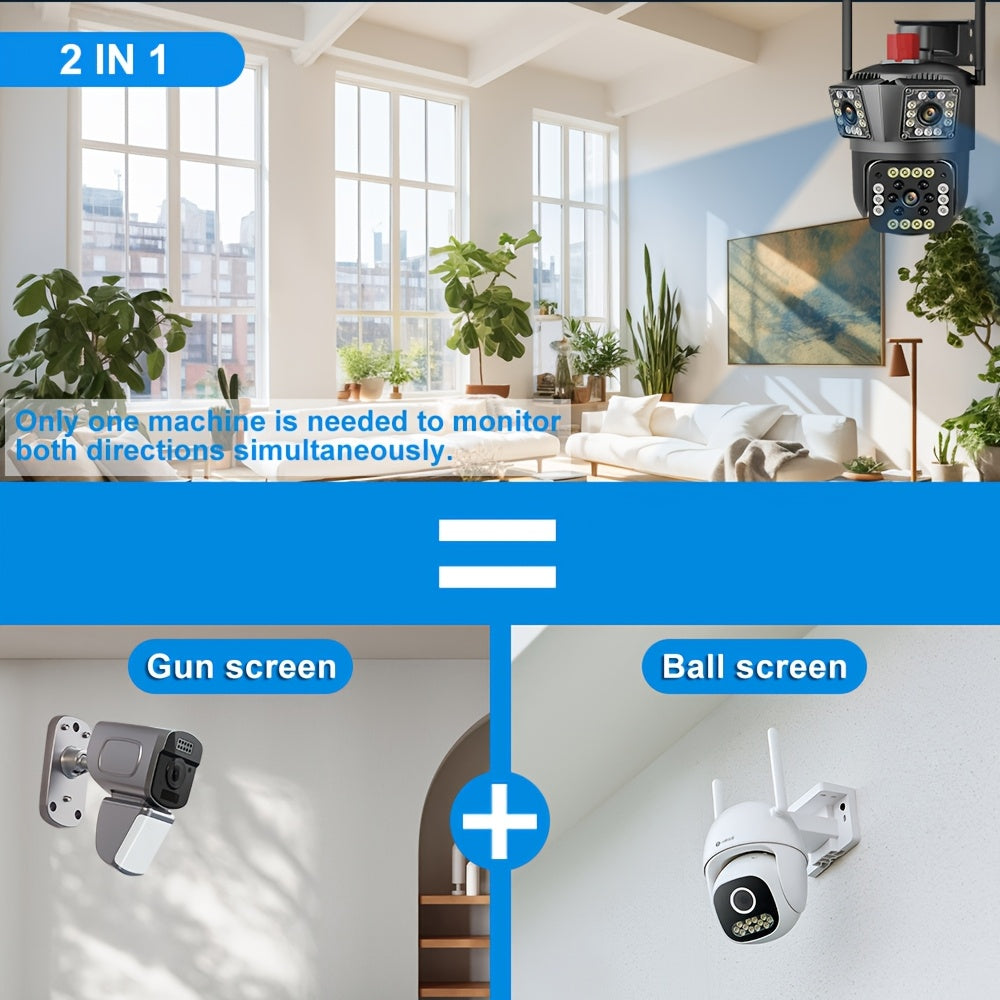 1pc Wi-Fi outdoor security camera, FHD 3MP+3MP+3MP, 10X zoom, 355° rotatable tilt, color night vision, AI motion detection, two-way audio, wall-mounted, European standard plug, no battery