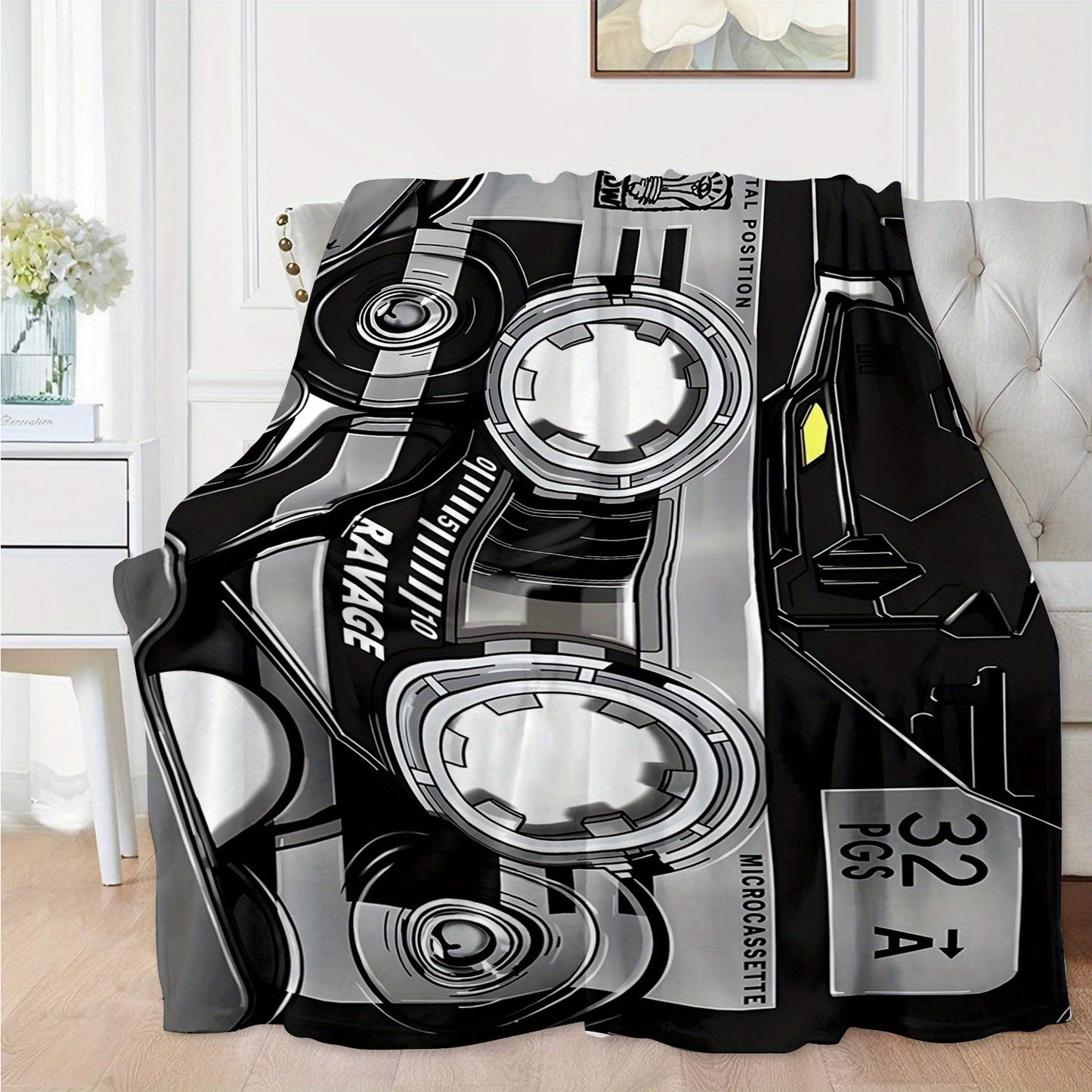 Flannel Fleece Throw Blanket with Retro Music Tape Player Design - Ideal for All Seasons, Suitable for Sofa, Bed, Travel, Camping, Living Room, Chair, and Napping - Perfect Gift for Music Enthusiasts, Features Digital Print on Polyester Material, Knitted