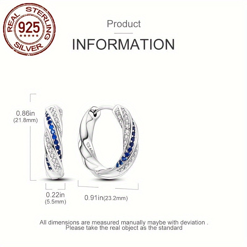 Hypoallergenic Blue & White Twisted Hoop Earrings, 925 Sterling Silver, 3.9g, Adorned with Sparkling Cubic Zirconia, Elegant Luxury Style, Fine Jewelry Gift for Women, Perfect Wedding Party Accessory