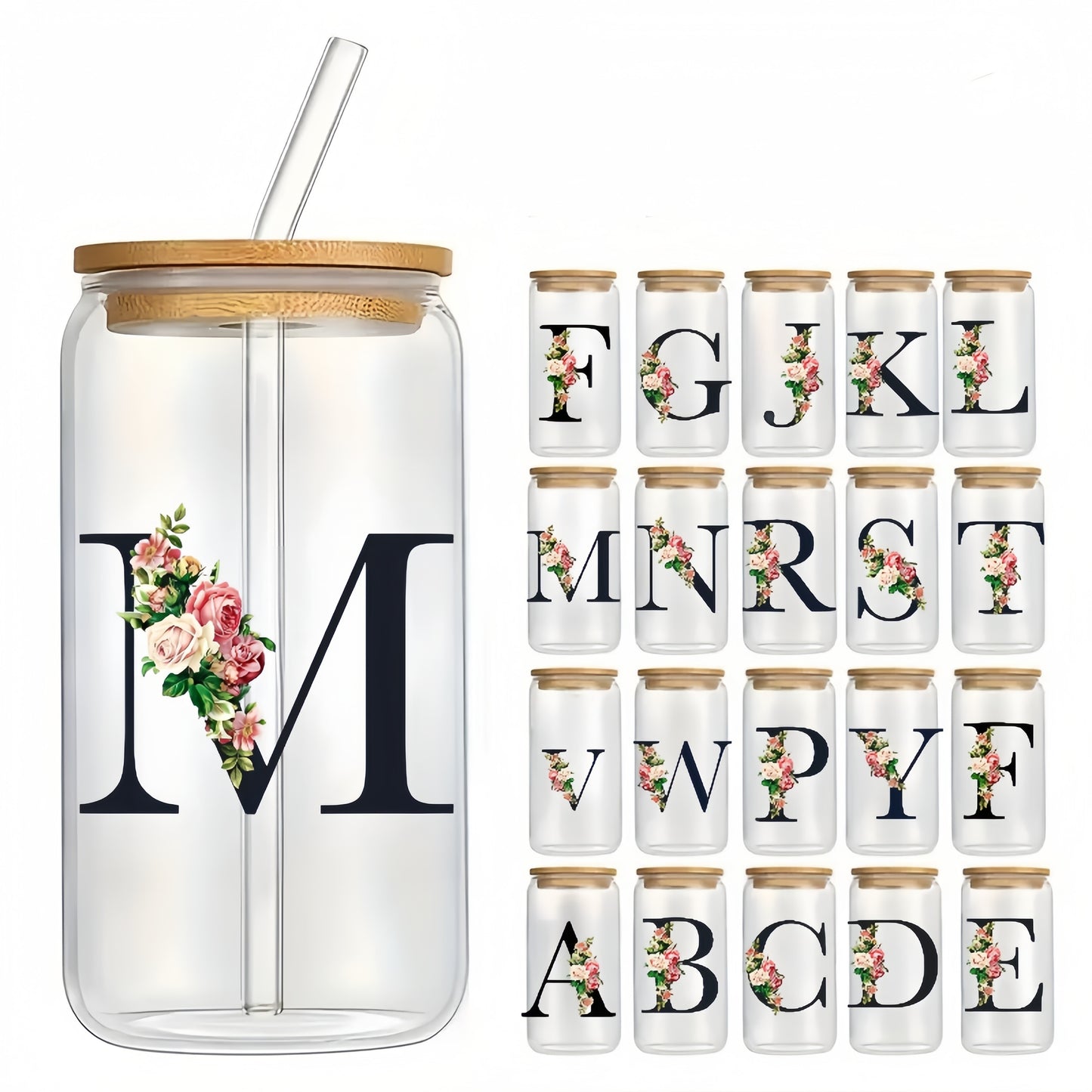 Alphabet flowers drinking glass with bamboo lid and straw, ideal birthday gift for women, friends, girls. 16 oz coffee glass, perfect for moms.