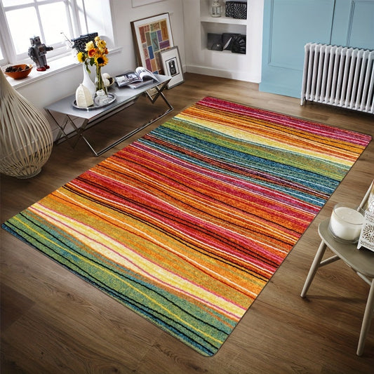 This anti-slip floor mat with a 1.1cm thickness features a striped color pattern and is made of sponge material. It is ideal for use in the kitchen, bathroom, living room, bedroom, or outdoor terrace. Perfect for a variety of spaces, including living