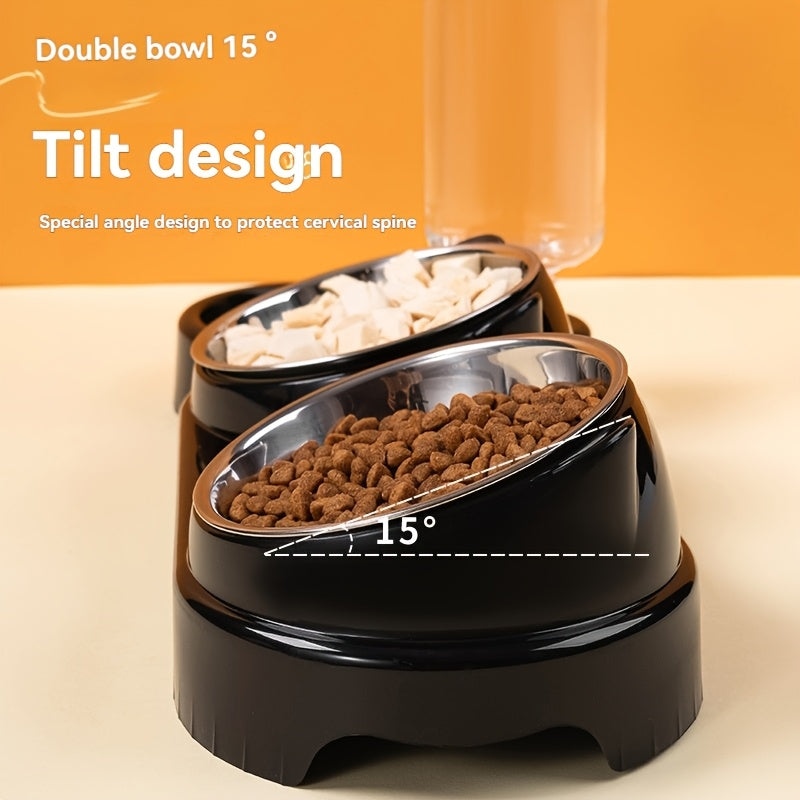 Dual bowl pet feeder and water dispenser made of stainless steel and plastic with easy sloped design for cats and dogs.