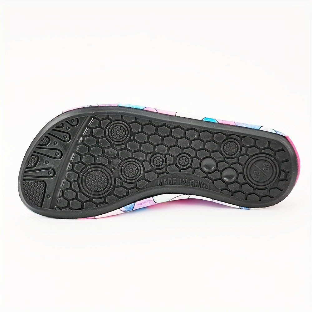 Colorful fish scale print slip-on water shoes for toddler girls, perfect for summer fun at the beach.