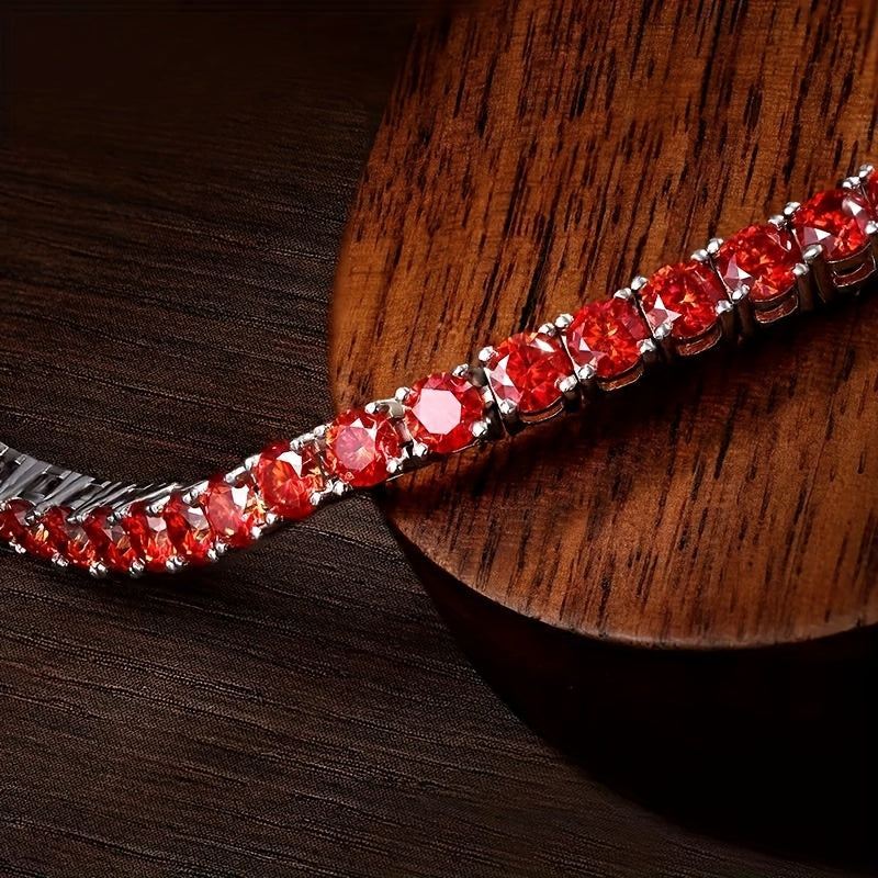 One piece of a luxurious and graceful Red Moissanite Tennis Bracelet, made of unisex 925 Sterling Silver. This fashion accessory is perfect for Valentine's Day, engagement, or wedding gifts.