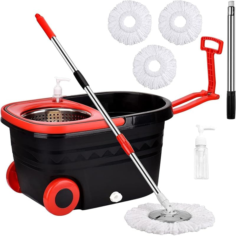 Get the perfect cleaning solution with our 360° Rotating Mop and Bucket Set. This set includes a Squeeze Dryer, 3 Microfiber Heads, and an Adjustable Stainless Steel Handle. It's ideal for cleaning any room in your home - bedroom, bathroom, kitchen, or