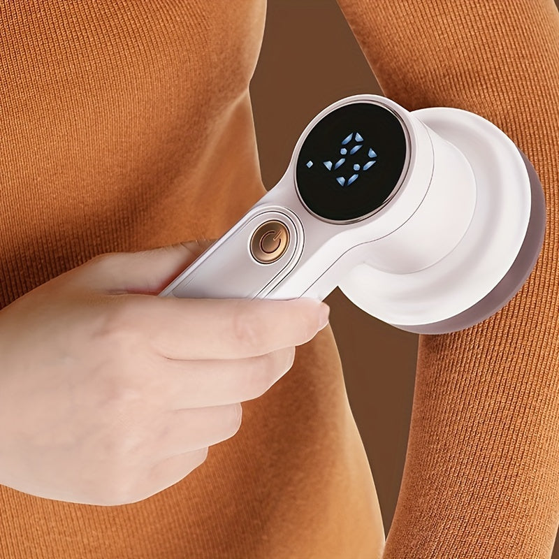 Lint remover with USB rechargeable battery, LED display, and 2 speeds for clothing and furniture.