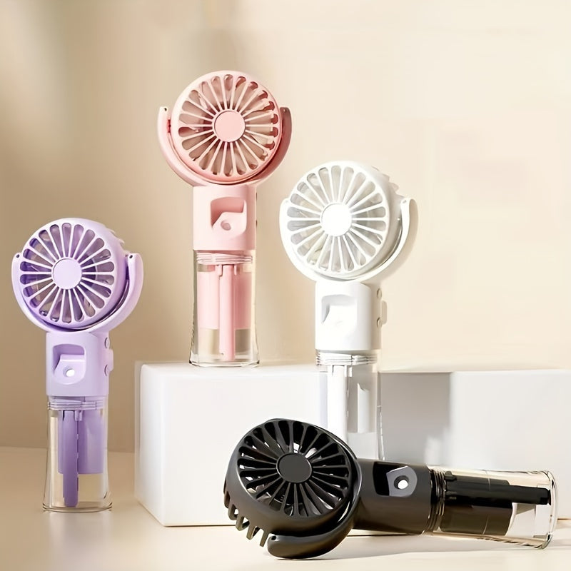 Compact, rechargeable handheld spray fan and mini facial steamer, perfect for on-the-go use during travel and outdoor adventures.