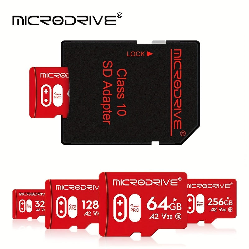 Micro TF SD Card available in 32GB, 64GB, 128GB, and 256GB with U3 Class 10 speed, come with SD adapter.